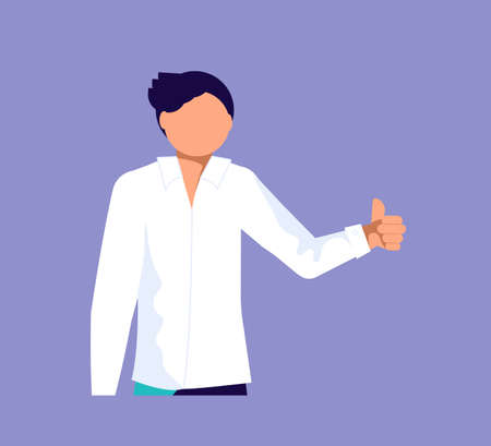 Business man keep his hand with a great thumbs up. OK or Good Job. Isolated on purple. Flat Art Vector Illustrationのイラスト素材