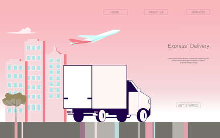 Landing web page template of Courier service. Fast delivery by car on the city and a pink sunset background, Online order concept, Ecommerce. Flat Art Vector Illustrationのイラスト素材
