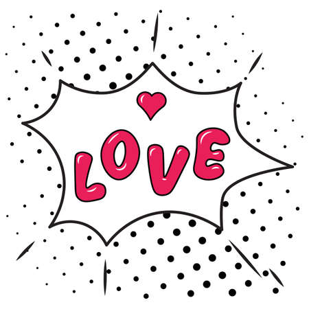 Love - red Bubble speech on black spots comic background. Suitable for comment or thinking note in Pop Art style. Vector Illustrationのイラスト素材