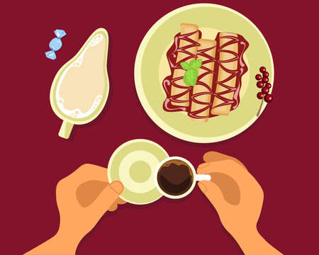 Person is eating stuffed pancakes and drinking hot coffee top view. Menu for cofee break, breakfast, lunch or dinner. Flat Art Vector Illustrationのイラスト素材
