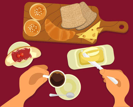 Person is eating toast with butter and drinking hot coffee top view. Menu for cofee break, breakfast, lunch or dinner. Flat Art Vector Illustrationのイラスト素材