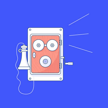 Retro Phone calls isolated on bright blue background. Vintage Telephone in outline modern design. Flat Art Vector Illustrationのイラスト素材
