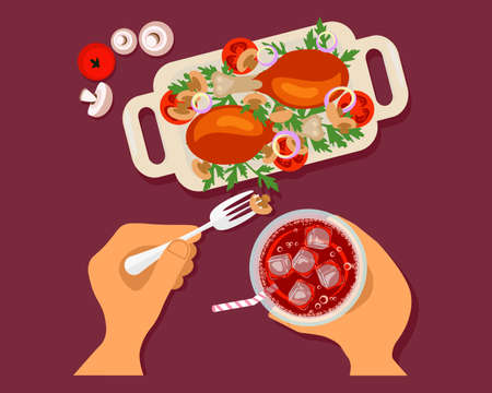 Person is eating oasted chicken thighs and drinking soda top view. Menu for lunch or dinner. Flat Art Vector Illustrationのイラスト素材