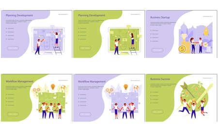 Landing webpage template set of business process. Design templates of teamwork, investment, marketing strategy, project management, business workflow and consulting. Flat Art Vector Illustrationのイラスト素材