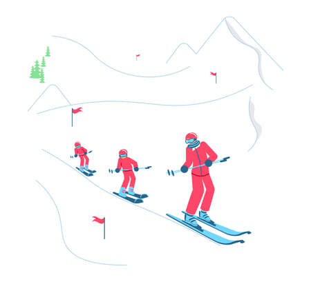 Mountain Ski Resort concept. Skiers in Ski school on winter Mountain Landscape background. Flat Art Vector Illustrationのイラスト素材