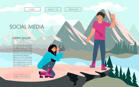 Landing web page template of Vlogging. Man blogger shooting video content for live streaming broadcast concept. Freelancer creates travel blog. Flat Art Vector illustrationのイラスト素材