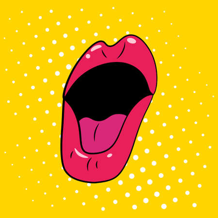 Woman lips pop art retro style. Red mouth opened in surprise and says wow on yellow background. Vector Illustrationのイラスト素材