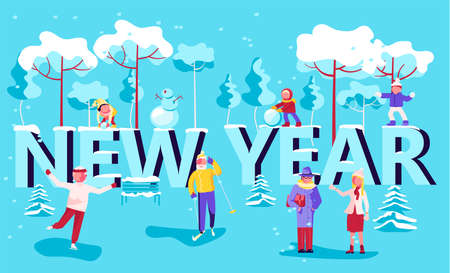 New Year lettering on Panoramic winter landscape in city park with snow covering and People walking. Merry Christmas or New Year background. Flat Art Vector Illustrationのイラスト素材