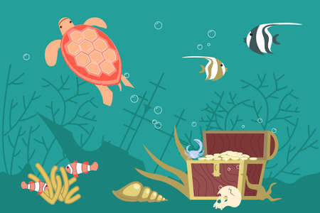 Underwater scene with wreck, chest of gold and corrals on aquamarine background. Undersea fauna of...