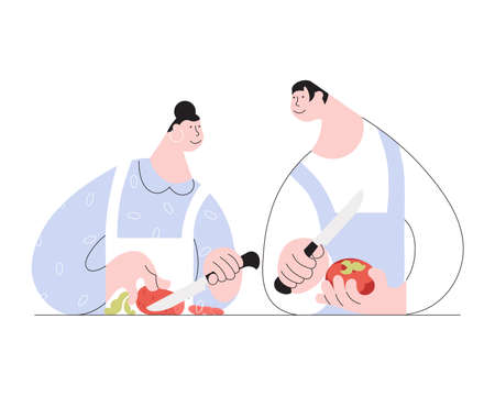 Family cooking classes concept in minimalistic line design. Man and woman in cuisine training courses cooking together. Flat Art Vector Illustrationのイラスト素材