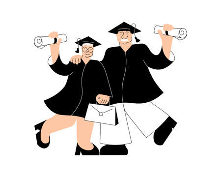 Senior education concept. Couple of elderly in graduation gown and hat. Old people graduate isolated on white background. Flat Art Vector Illustrationのイラスト素材