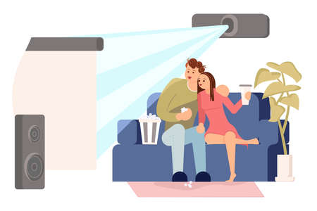 A young people sitting on a couch and watching a movie. Online home theater. Flat Art Vector Illustrationのイラスト素材