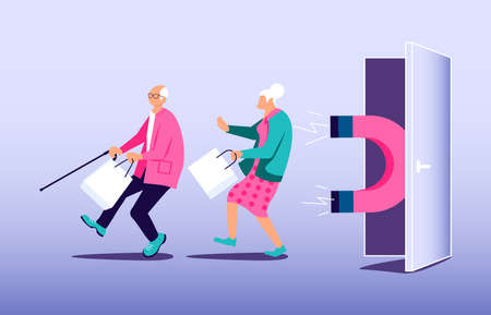 Magnet attracts potential product buyers. Concept of attraction customers, Influencer marketing. Flat Art Vector Illustrationのイラスト素材