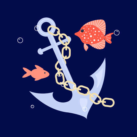 Boat anchor on underwater dark blue marine background. Flat Art Vector Illustrationのイラスト素材
