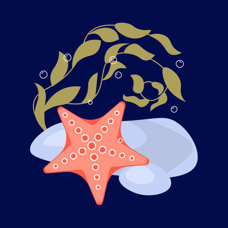 Starfish and seaweed on underwater dark blue marine background. Flat Art Vector Illustrationのイラスト素材