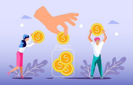 Concept of donating to charity and volunteering. Tiny people collect coins to make donate.  Flat Art Vector Illustrationのイラスト素材