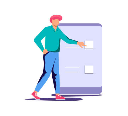 Concept of electronic voting or testing. Tiny man makes his choice and presses a button on the smartphone in electoral internet system. Flat Art Vector Illustrationのイラスト素材