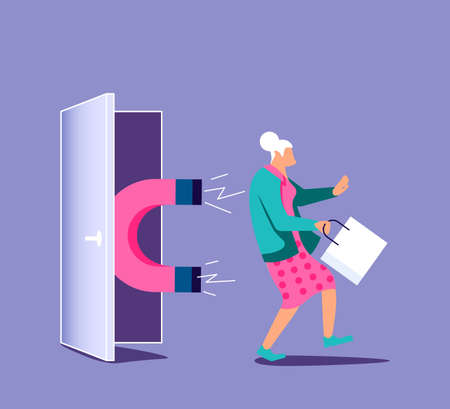 Magnet attracts potential product elderly woman buyer to shop. Concept of Influencer marketing, attraction customers. Isolated on purple. Flat Art Vector Illustrationのイラスト素材