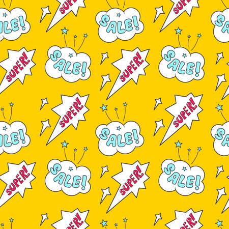 Seamless pattern with Super and Sale Bubble speech on yellow background. Suitable for comment or thinking note in Pop Art style. Vector Illustrationのイラスト素材