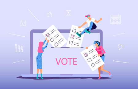 Concept of electronic voting. Tiny people put on their list newsletters to voting box on electoral...