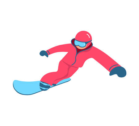Snowboarder performing a trick jump isolated on white background. Flat Art Vector Illustrationのイラスト素材