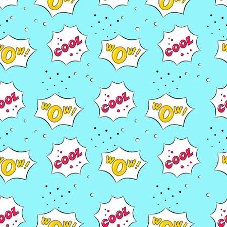 Seamless pattern with Wow and Cool Bubble speech on blue background. Suitable for comment or...