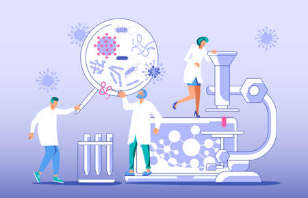 Bacteria, virus and vaccine research concept. Tiny researchers holding test tube and microbe, observing with huge microscope. Flat Art Vector Illustrationのイラスト素材