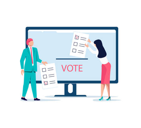 Concept of electronic voting. Tiny people put on their list newsletters to voting box on electoral internet system. Flat Art Vector Illustrationのイラスト素材