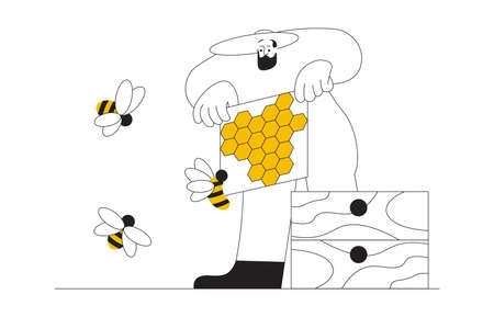 Beekeeper picking honey at apiary, bees swarm flying around in simple minimal outline design...