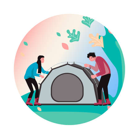 Hiking trekking and camping in nature Social Media Story highlight icon. Happy man and woman backpackers hikers travel together. Flat Art Vector Illustrationのイラスト素材