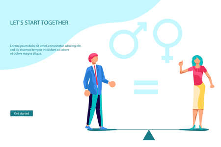 Landing webpage template of gender equality. Businessman and Businesswoman Standing On Scales. Male And Female with Equal Opportunity and Rights. Flat Art Vector Illustrationのイラスト素材