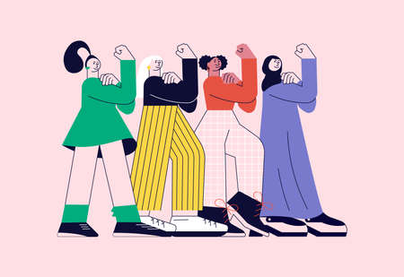 Girl power and feminism concept. Women of different nationalities and cultures standing together on pink in modern outline minimalism design. Flat Art Vector Illustration.のイラスト素材