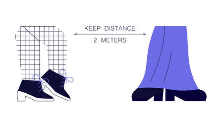 Pair of female or male legs in cool bright shoes. Social distancing banner for prevent disease risk. Flat Art Vector Illustrationのイラスト素材