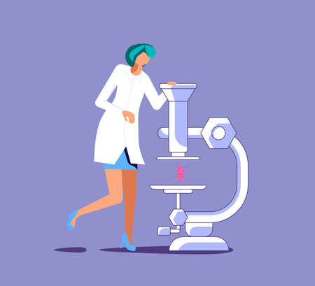 Bacteria, virus and vaccine research concept. Tiny researchers observing with huge microscope. Flat Art Vector Illustrationのイラスト素材
