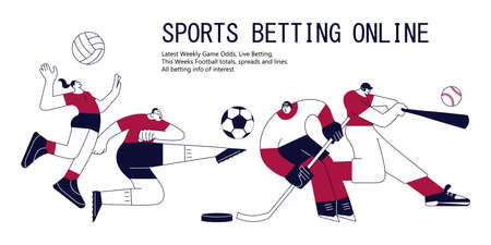 Sports betting banner with athletes. Football, Volleyball, Baseball and Ice Hockey in modern outline minimalism design. Flat Art Vector Illustrationのイラスト素材