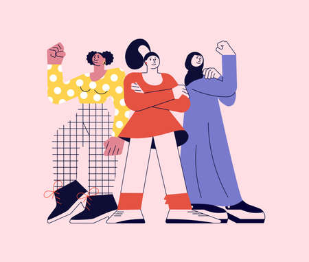 Happy diverse people greeting gesture, gesturing in friendly way. Group of smiling Different nations representatives waving hand saying hello. Flat Art Vector Illustrationのイラスト素材