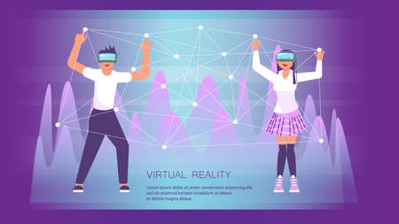 VR vector banner with people learning and entertaining. Boy and girl wearing virtual reality headset...