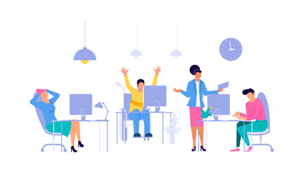 Diversity Office workers sitting on the office table and working on computers in coworking center vector concept. Colleagues or clerks at workplace on white background illustrationのイラスト素材