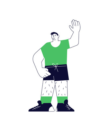 Caucasian man in shorts and a t shirt standing and waving with her hand. Say hello and greeting. Vector Illustration isolated on whiteのイラスト素材