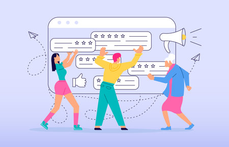 Tiny people with comment giving their choice for feedback vector concept. Customer review and satisfaction rating metaphor illustrationのイラスト素材