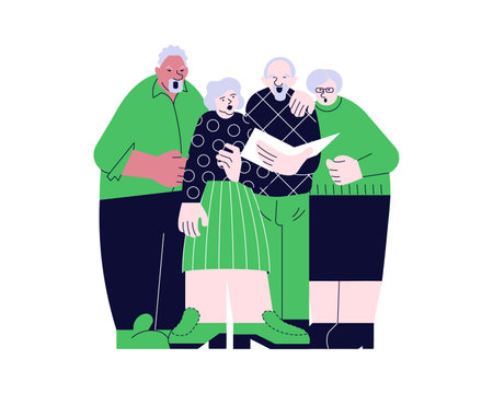 Elderly people choral singing from song book together vector illustration. Seniors couples have music hobbyのイラスト素材