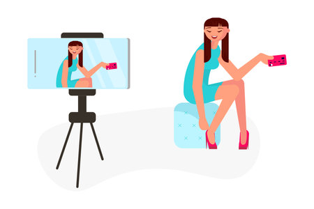 Young woman taking a broadcast for social media network vector illustration. Feale vlogger makes a live streaming.のイラスト素材
