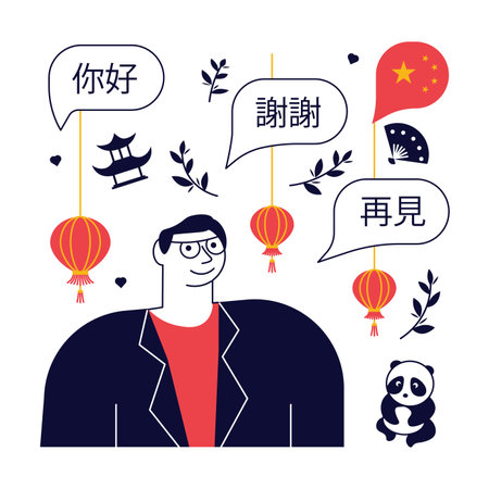 Concept of chinese language course or school. Male student with China landmarks logos around. Vector Illustrationのイラスト素材
