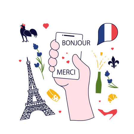 Concept of French language app for course or dictionary. Hand holds smartphone with educational app and France landmarks logos around. Vector Illustrationのイラスト素材