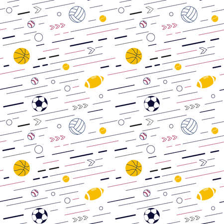 Seamless pattern from sport equipment and dynamics lines. Sport accessories isolated on white background. Contemporary Flat Vector Illustrationのイラスト素材