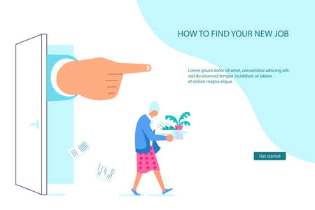 Landing webpage template of Retirement and employee job reduction caused by Economic crisis. Concept of dismissal elderly woman employee. Unemployment metaphor. Flat Art Vector Illustrationのイラスト素材