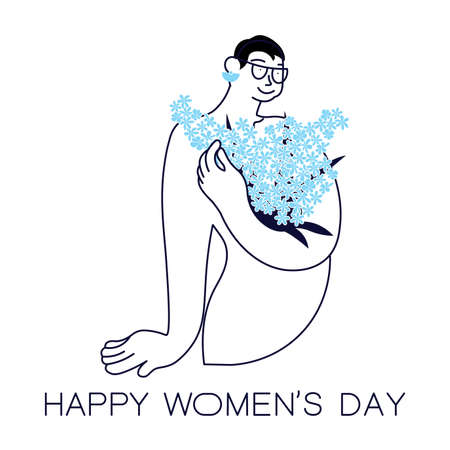 Greeting card of Happy Womens Day. Postcard with text and flowers. Square banner for the March 8. Flat Art Vector Illustrationのイラスト素材