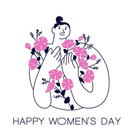 Greeting card of Happy Womens Day. Postcard with text and flowers. Square banner for the March 8. Flat Art Vector Illustrationのイラスト素材