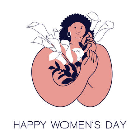 Greeting card of Happy Womens Day. Postcard with text and flowers. Square banner for the March 8. Flat Art Vector Illustrationのイラスト素材