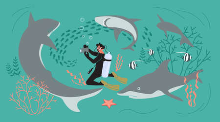 Scuba diving man on the sea bottom among sharks. Marine predators and underwater photographer. Flat Art Vector illustrationのイラスト素材